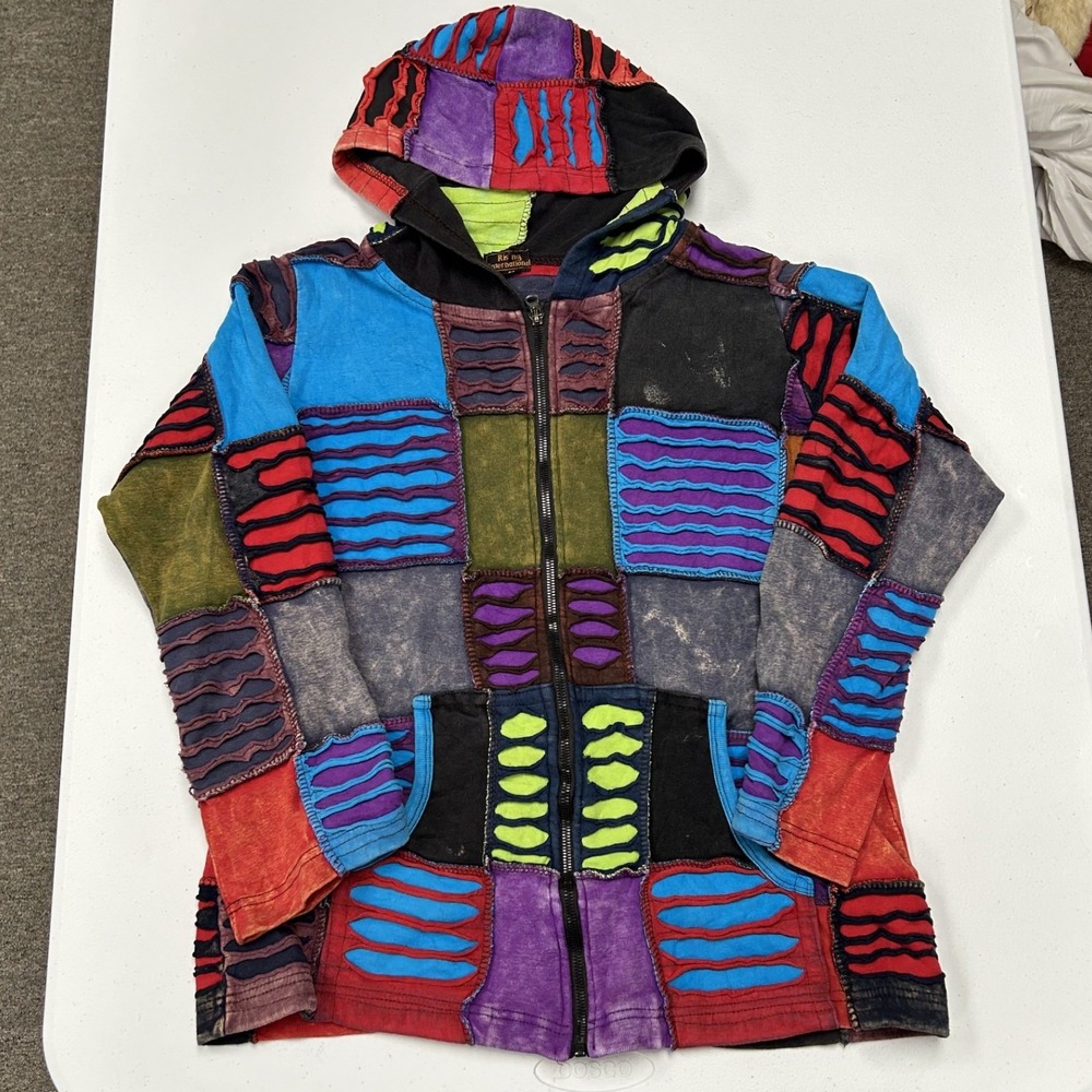 Rising International Patchwork Hoodie womans Medium Multi Excellent Razor Cut